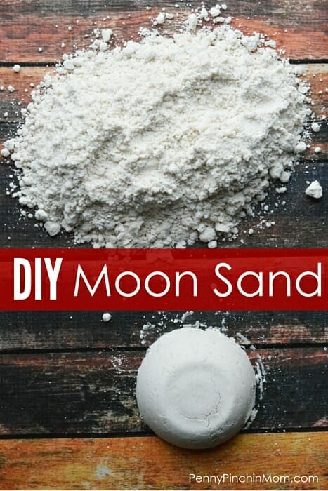 Do your kids love Moon Sand? Mine do! It's such an easy mess to clean, but it can get expensive! Use this two ingredient DIY Moon Sand recipe to make your own in less than five minutes!