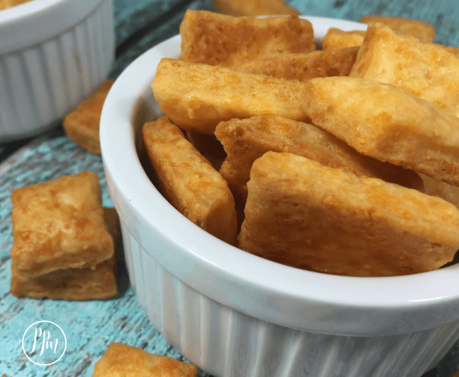 homemade cheez-its in white bowl