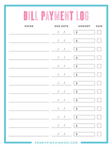 Bill Payment Log Penny Pinchin Mom
