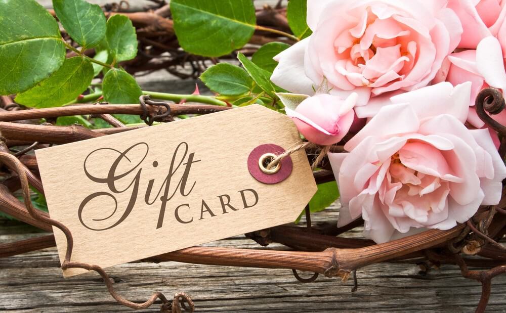pink roses with label with lettering gift card