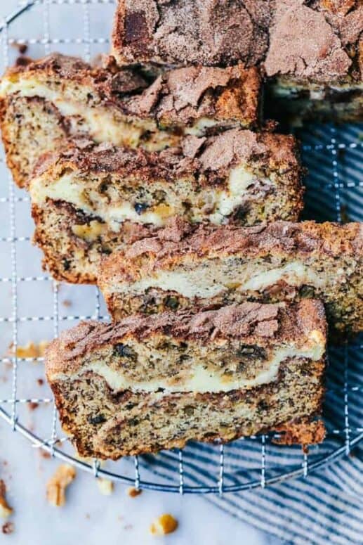 This has a delicious cinnamon swirl and cheesecake filling with walnuts hidden inside. This will easily be one of the best quick breads that you ever make!