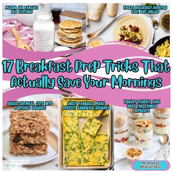 Breakfast meal prep ideas: 17 smart prep tricks and prepped ingredients organized in containers to speed up mornings.