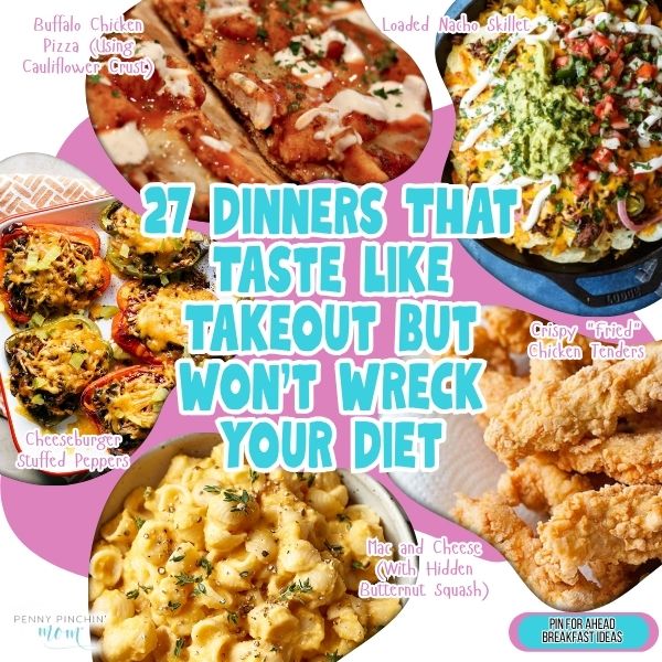 Healthy comfort food dinners with grilled chicken, roasted veggies, noodles, and sauces plated for a lighter takeout-style meal