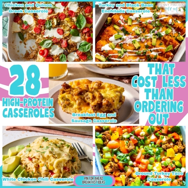 High protein casseroles on a budget with baked chicken, cheese, pasta, and veggies in a golden casserole dish fresh from the oven.