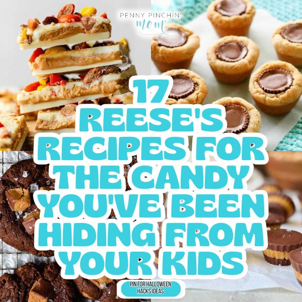 Recipes using reese's cups: 17 desserts like brownies, cookies, and treats made with reese's cups on plates.