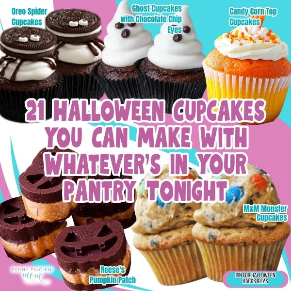 Easy halloween cupcakes boxed mix: 21 frosted cupcakes with festive Halloween toppings and decorative designs.