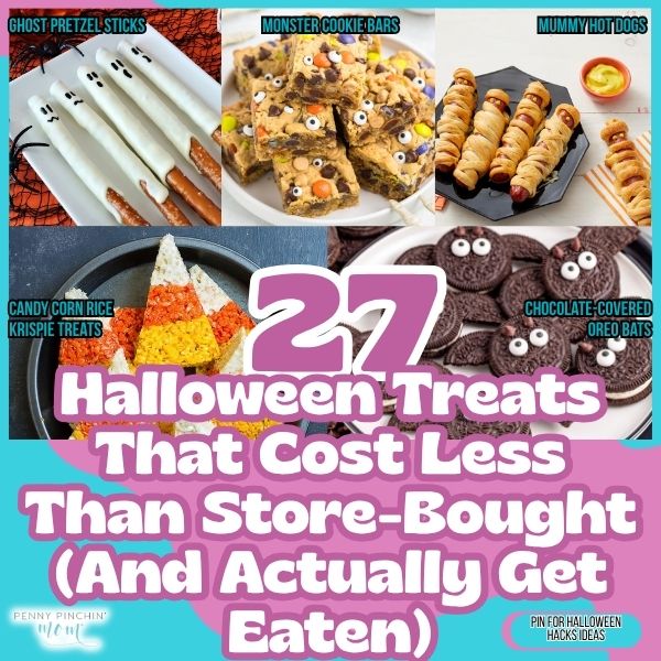 Easy Halloween treats for kids: 27 homemade treats like brownies, cookies, candy, and decorated bites on plates.